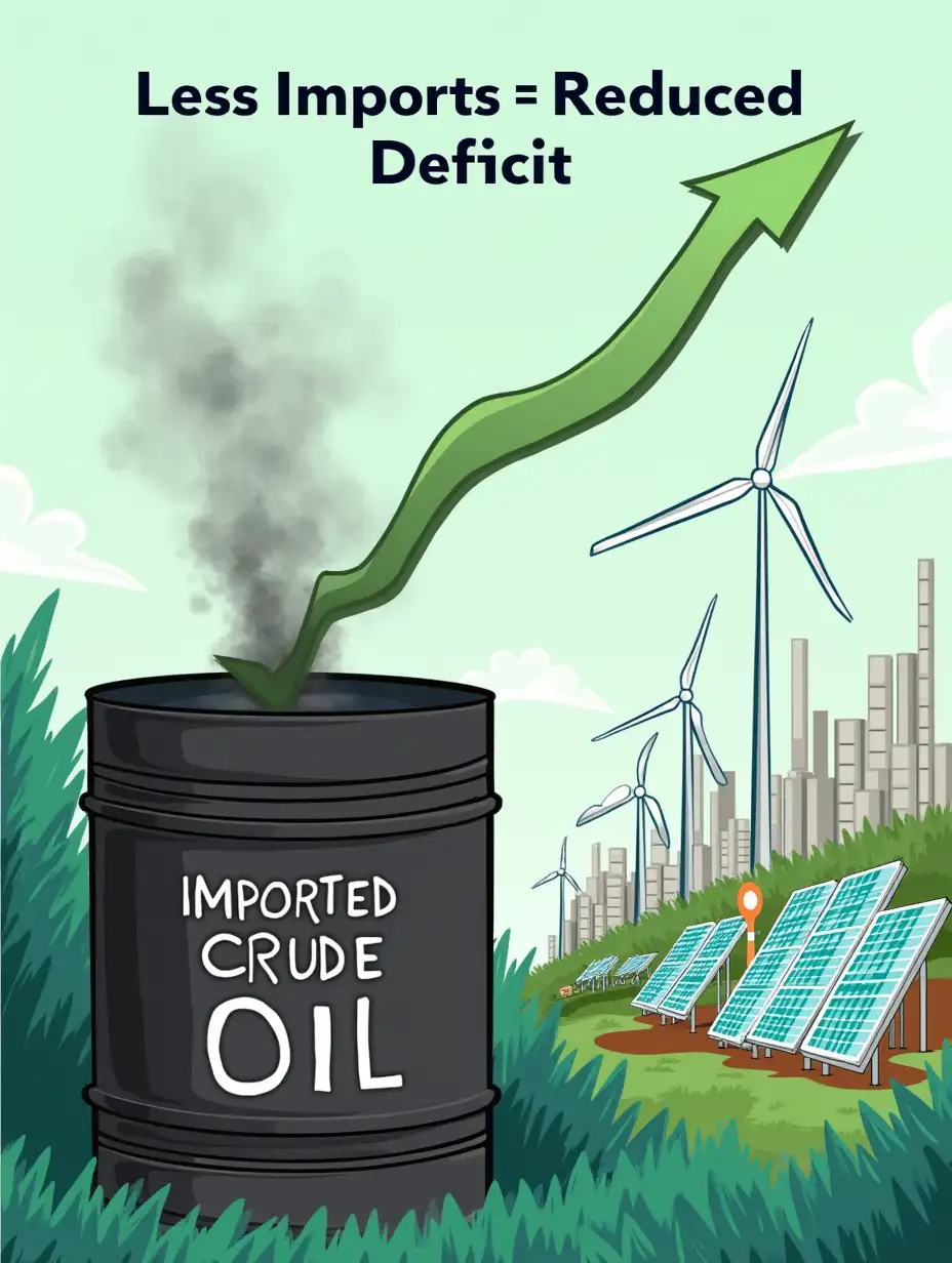 Create an informative and visually engaging illustration showing a large oil barrel labeled 'Imported Crude Oil' with an arrow pointing downward, symbolizing reduced imports. In the background, depict an industrial scene transitioning to renewable energy sources, with solar panels and wind turbines taking center stage. Include a math equation overlay: 'Less Imports = Reduced Deficit' in bold, clean typography. Use a color palette of deep oil black, renewable energy greens, and sky blues to symbolize the shift from dependency to sustainability. Add subtle Indian motifs in the background to tie the scene to India's trade challenges.