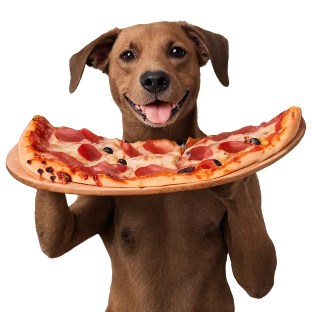 a dog smiling eating pizza