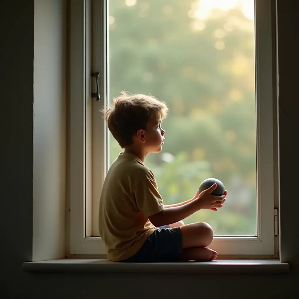 Teenage-Boy-Sitting-on-Windowsill-Holding-Squishy-Ball-Gazing-Outside