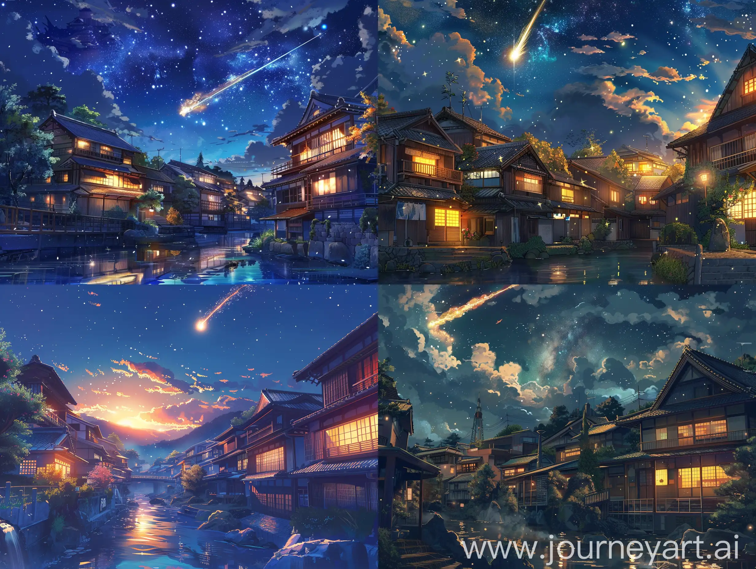 Japanese-Anime-Houses-by-the-River-with-Shining-Meteor