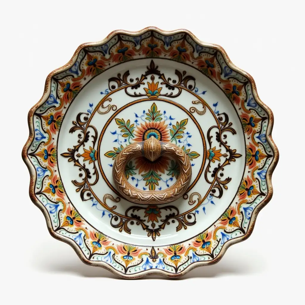 Ruffled edge circle ceramic with embossed beautiful handle,Underglaze painting on white body, Fine art, Hyper detailed, Antique and old, Qajar art, Iranian Tabriz carpet design