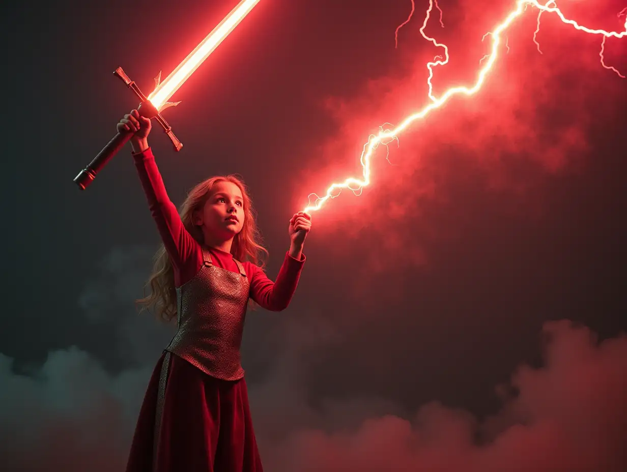 A frail girl, about twelve years old, holds aloft a magic sword and says the phrase 'these toys are too much for you!' Upon this utterance, red lightning appears and strikes the sword, transforming her into an adult warrior woman with dense but feminine muscles, demonstrating her superhuman strength.