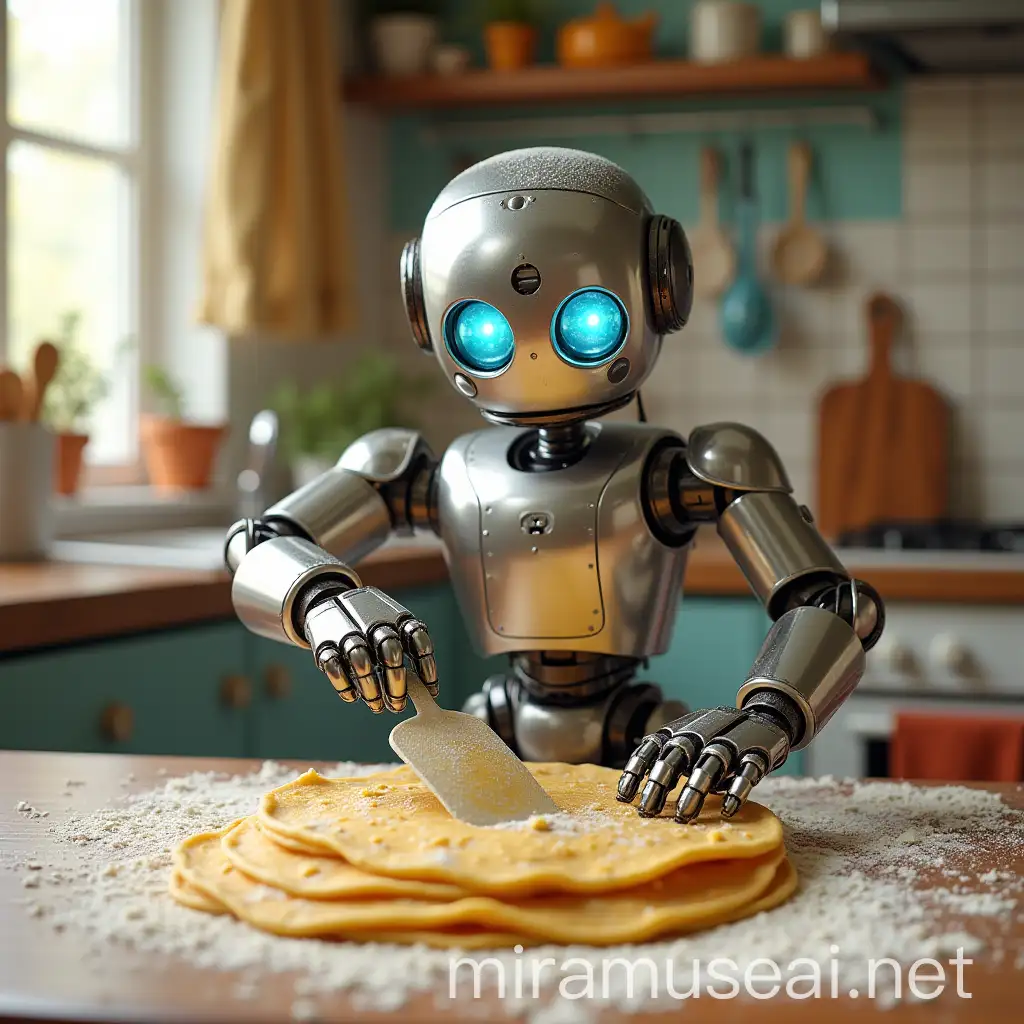 Clumsy Robot Making Crepes in a Cozy Kitchen