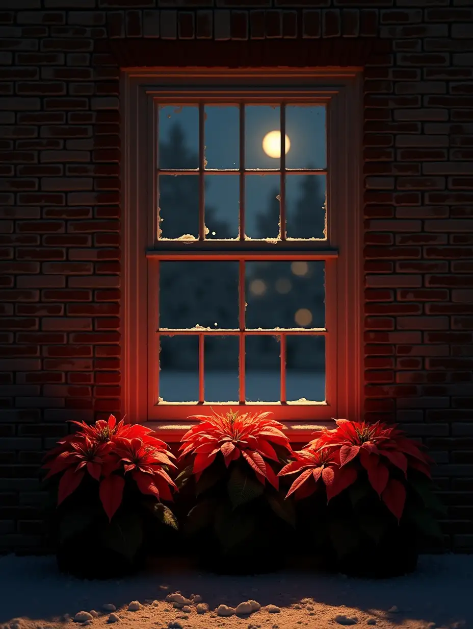 Christmas-Night-Window-with-Poinsettias-and-Brick-Wall