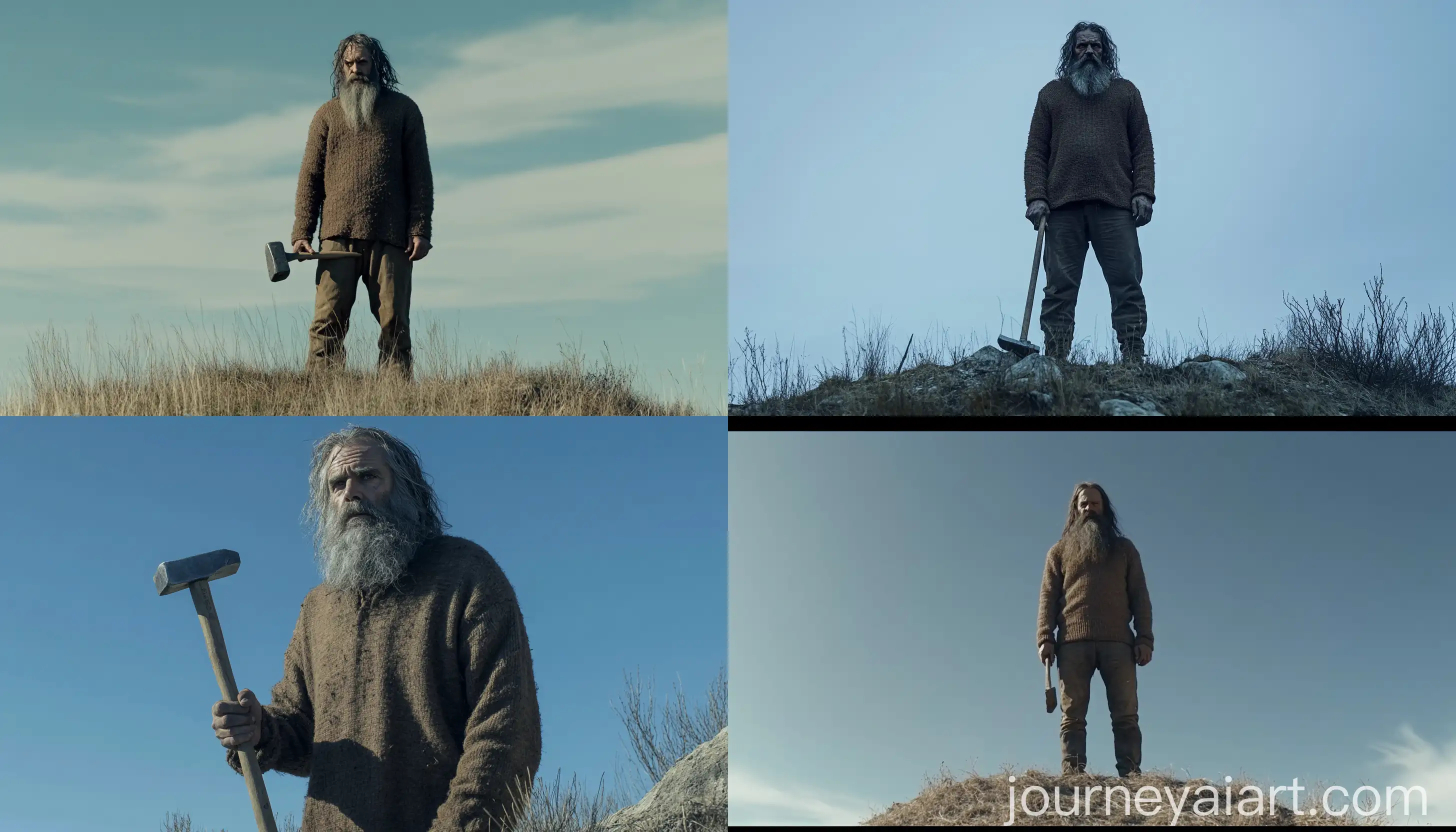 Bearded-Man-with-Hammer-Standing-on-Hill-Against-Blue-Sky
