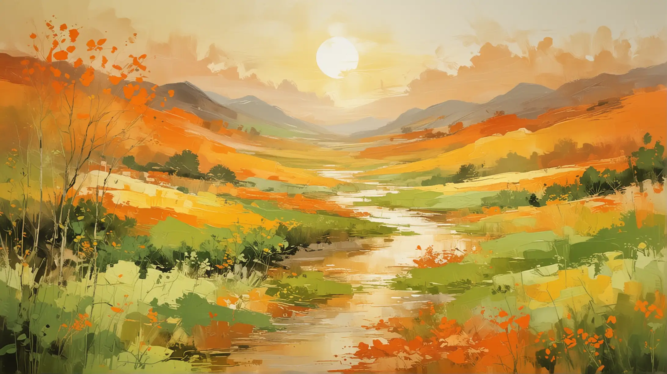 Impressionist Landscape Painting with Warm Tones of Orange and Yellow