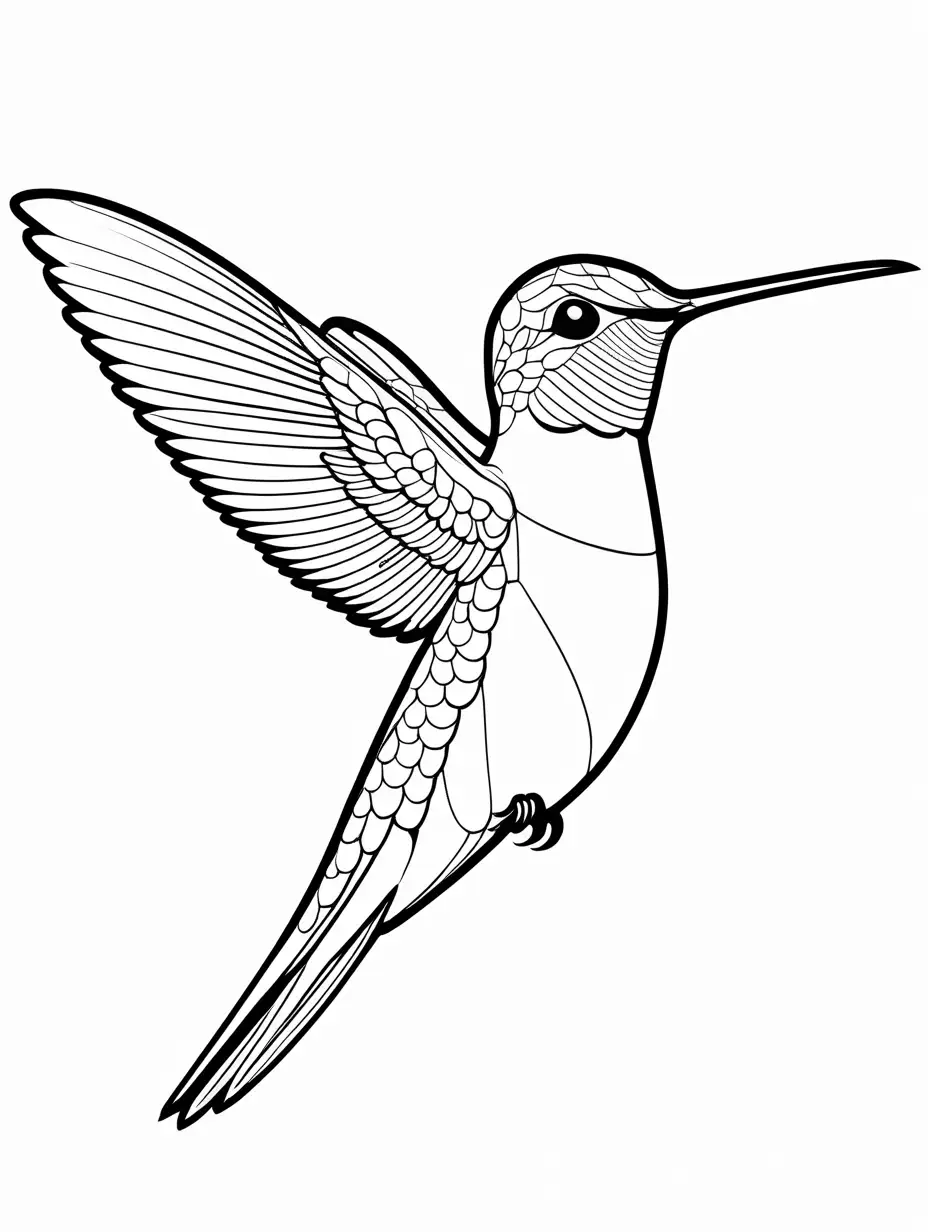 hummingbird, Coloring Page, black and white, line art, white background, Simplicity, Ample White Space. The background of the coloring page is plain white to make it easy for young children to color within the lines. The outlines of all the subjects are easy to distinguish, making it simple for kids to color without too much difficulty