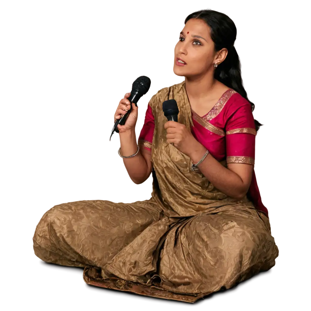 Indian-Woman-in-Sari-Speaking-into-Microphone-PNG-Image-for-Enhanced-Clarity-and-Detail