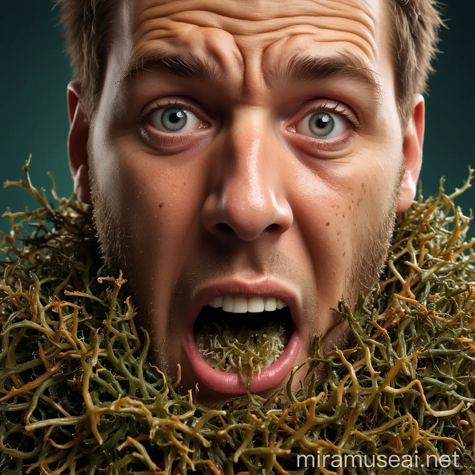 Shocked Man Eating Sea Moss in Detailed 3D Rendering