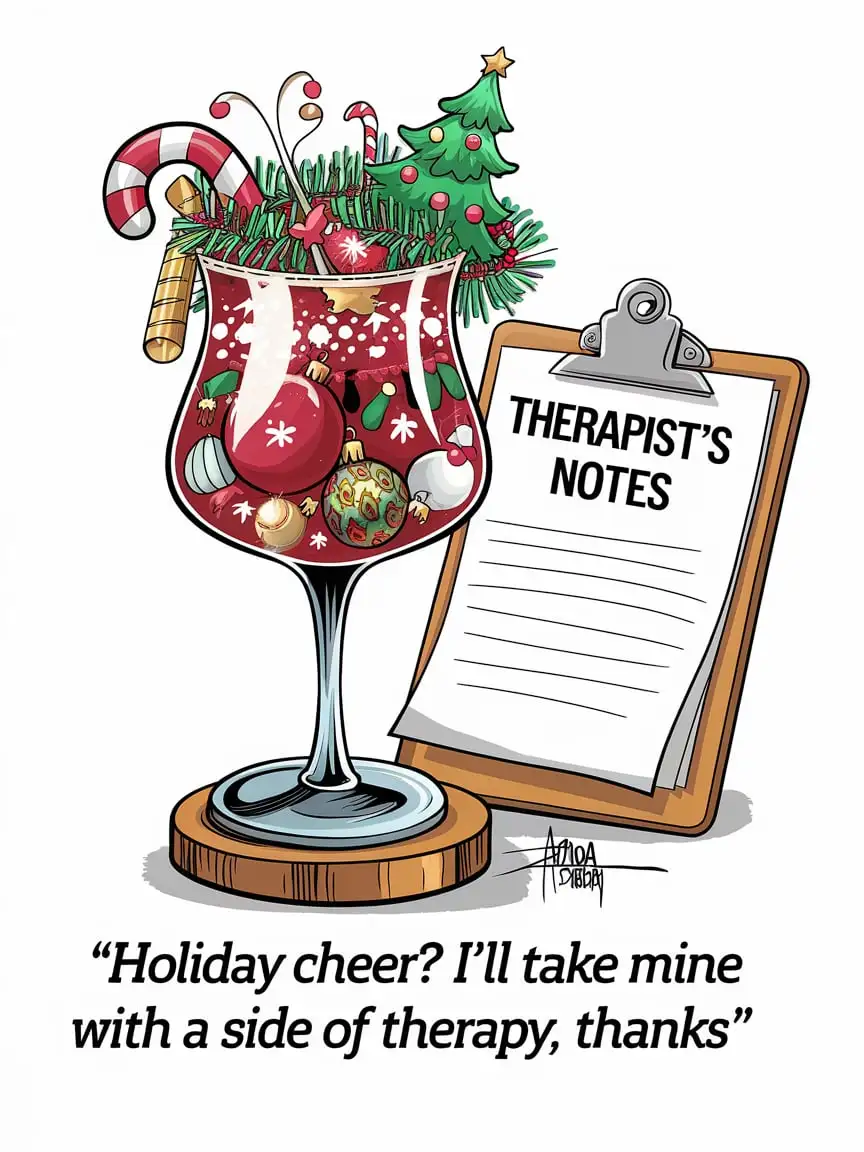 Cartoon Christmas Cocktail Glass with Festive Decorations and Therapists Notes