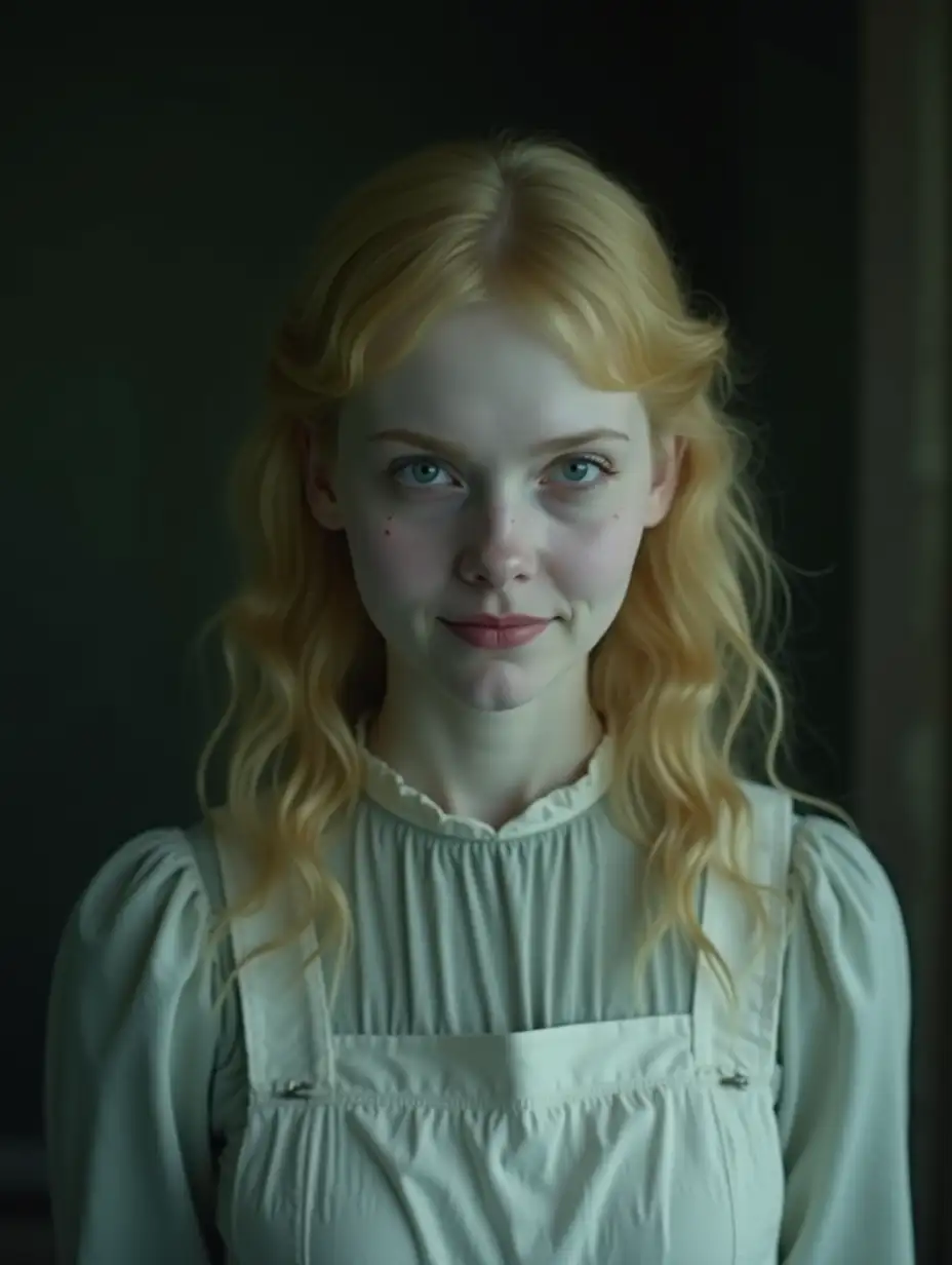 A medium shot of a nanny with white skin and golden yellow hair, with an expression that mixes haunting beauty and a terrifying aura. Her face is perfect and serene, but her gaze conveys an indescribable terror, as if she knows something no one else understands. Her eyes are slightly larger than normal, with a subtle, enigmatic gleam, as if reflecting a dark secret.nShe wears an antique but impeccable dress, with a pristine white apron, evoking a motherly, welcoming image... but something about her posture and the way her smile barely curves makes the scene feel unnatural and unsettling.nThe background is diffuse and shadowy, with subtle shadows hinting at strange shapes, as if there is something watching her from the shadows. The lighting highlights her pale skin and golden hair, creating a contrast between her angelic appearance and the disturbing feeling that emanates from her presence.nThe image is in a hyper-realistic and cinematic style, with a composition that evokes the suspense of a psychological thriller, capturing the essence of the beautiful yet terrifying.