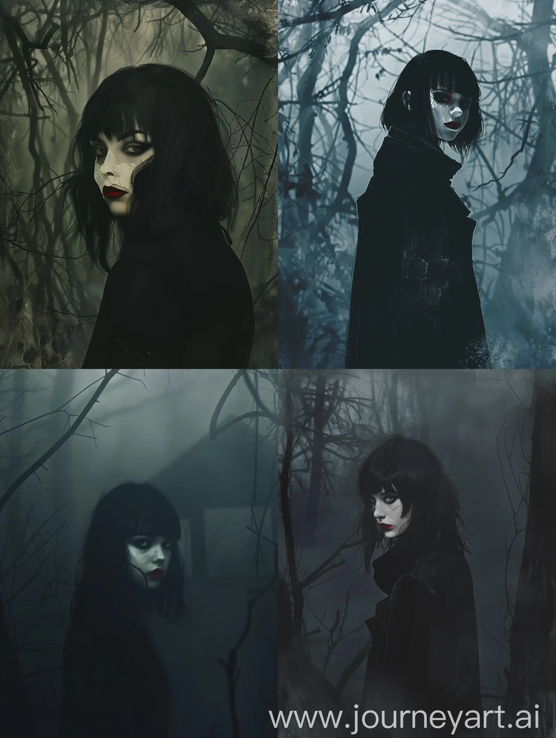 Eerie-Gothic-Horror-Art-Mysterious-Girl-in-White-Mask-and-Black-Jacket