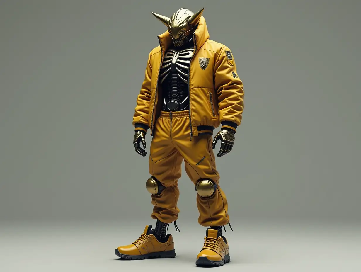 Create a high-resolution, realistic image of a robot with a skeletal body, golden leather boots and -head wearing a stylish tracksuit, a peak cap and a horn in 4K resolution