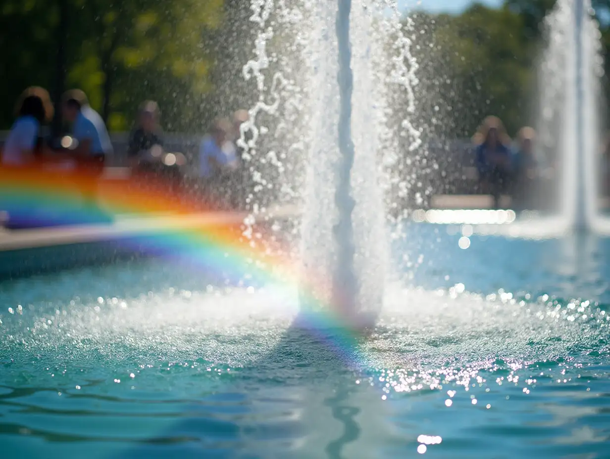 Picture a rainbow flowing through the stream of a fountain in a city park. A realistic photo with bright rainbow colors and soft lighting that emphasizes water movement and light reflection.