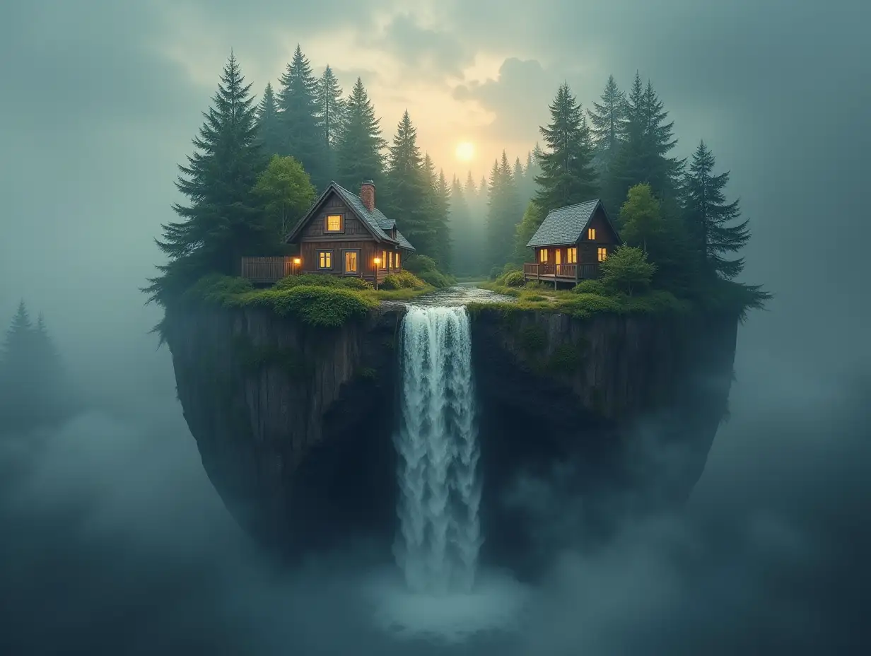 Create a globe where from the upper half houses with lanterns, forest waterfall come out and with gray sky with fog and rainbow