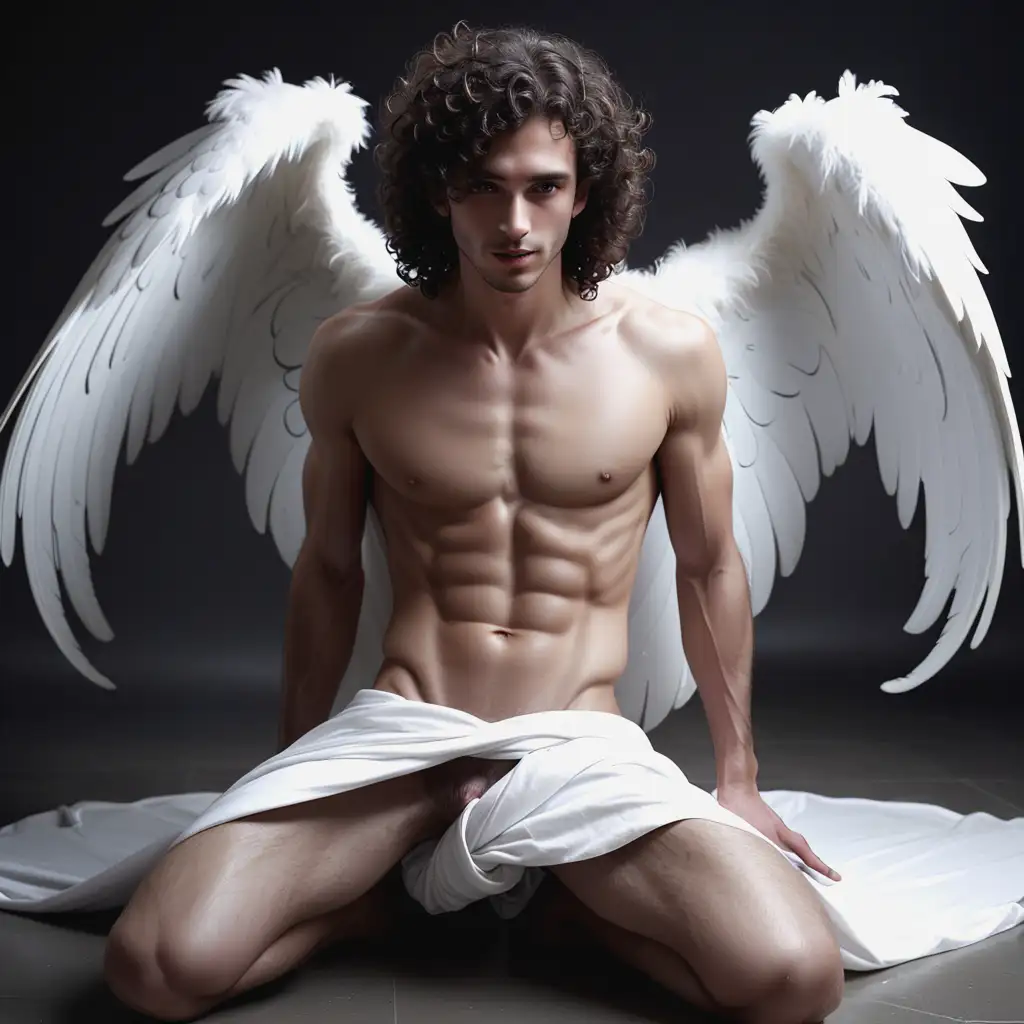 Beautiful-Man-with-Wings-and-Curly-Hair-in-White-Cloth-on-the-Ground