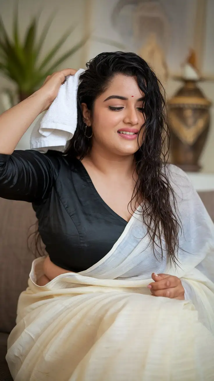 Curvy-Indian-Woman-in-Silk-Blouse-and-Saree-Drying-Wet-Hair-on-Sofa