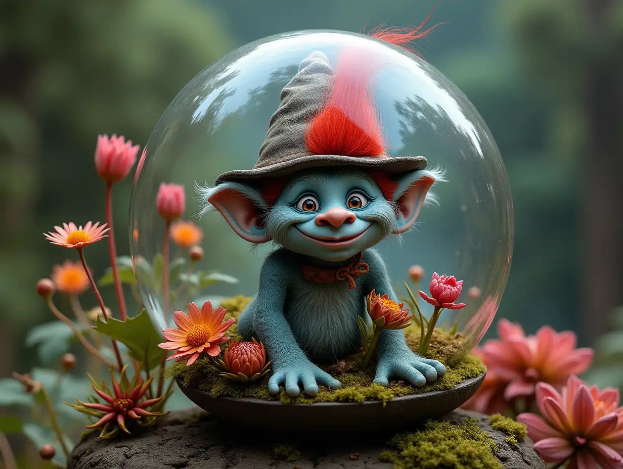 Ultra detailed hyperrealistic portrait of a troll with grey and red hair and top hat sitting in a glass ball with intricately detailed, colorful plants in the background