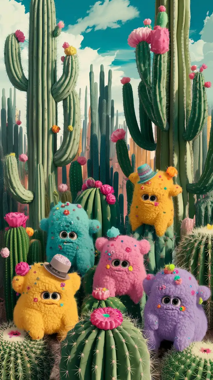 Vibrant Cactus Landscape with Fluffy Creatures