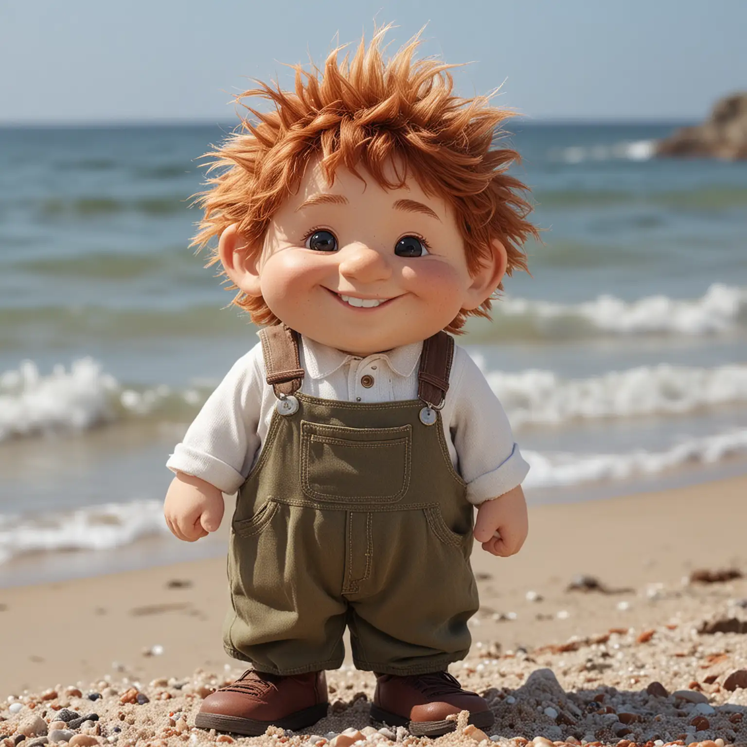 Cheerful Gnome with ReddishBrown Hair in Overalls Smiling on Beach