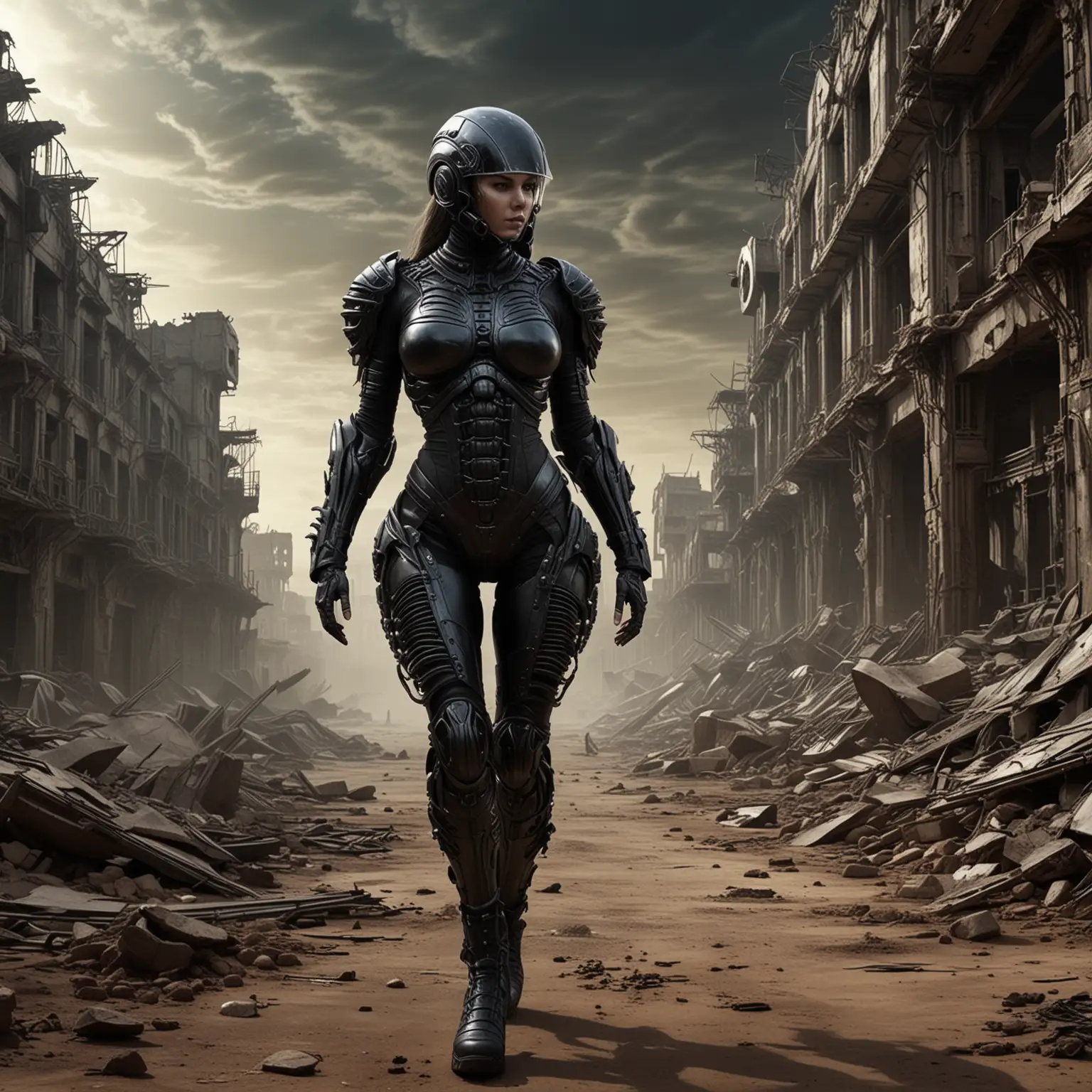 Young-Female-in-Giger-Style-Combat-Suit-Walking-Through-Abandoned-City-Ruins-at-Night-Digital-Art