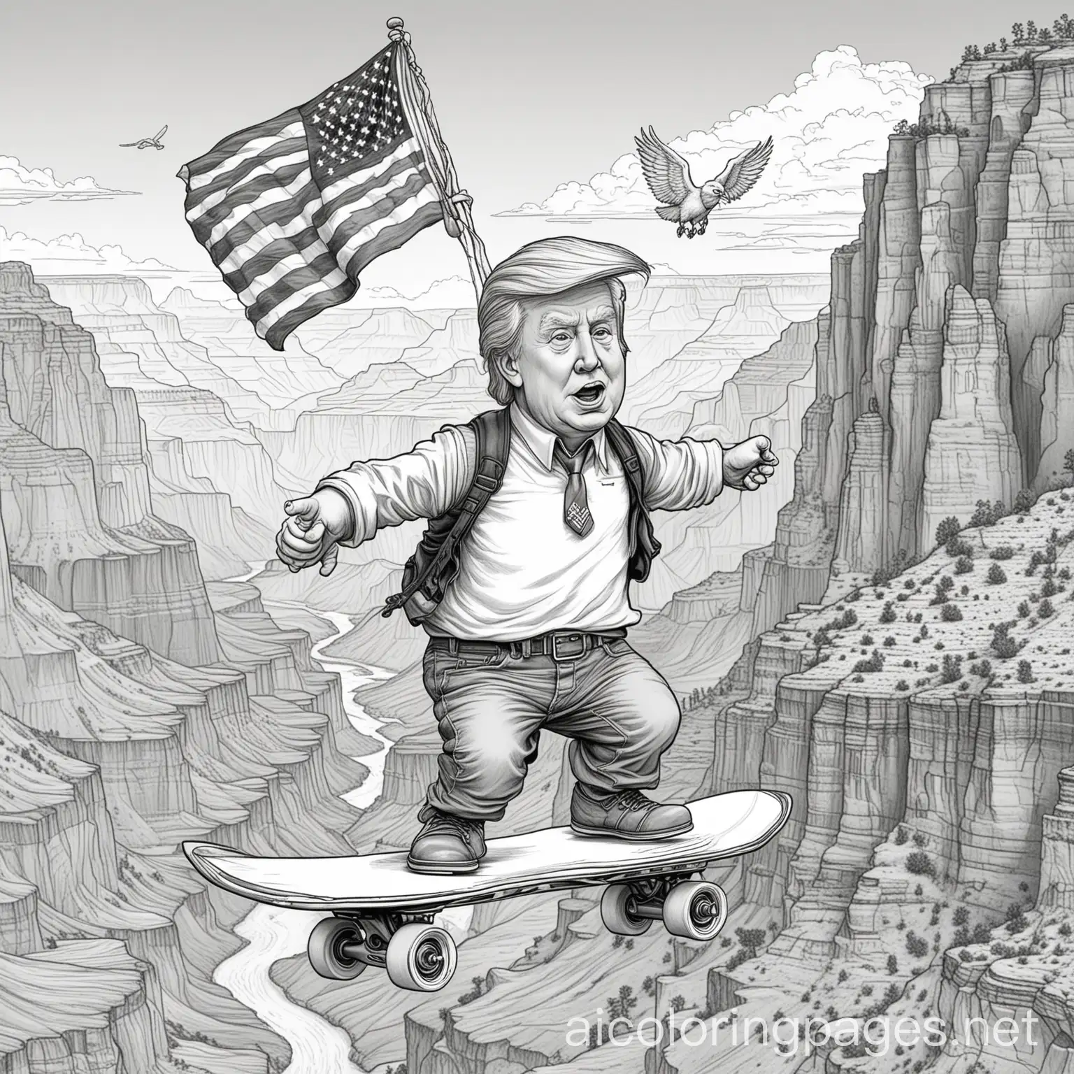 donald trump on a skateboard, jumping over a the grand canyon while holding a bear cub.  place american flag and flying eagle in background, Coloring Page, black and white, line art, white background, Simplicity, Ample White Space. The background of the coloring page is plain white to make it easy for young children to color within the lines. The outlines of all the subjects are easy to distinguish, making it simple for kids to color without too much difficulty