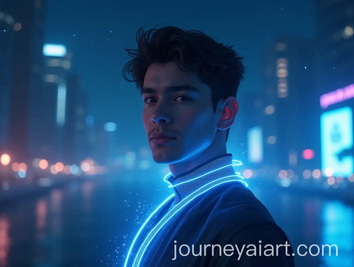 Confident-Young-Man-in-Futuristic-City-at-Night-with-Glowing-Energy-Lines