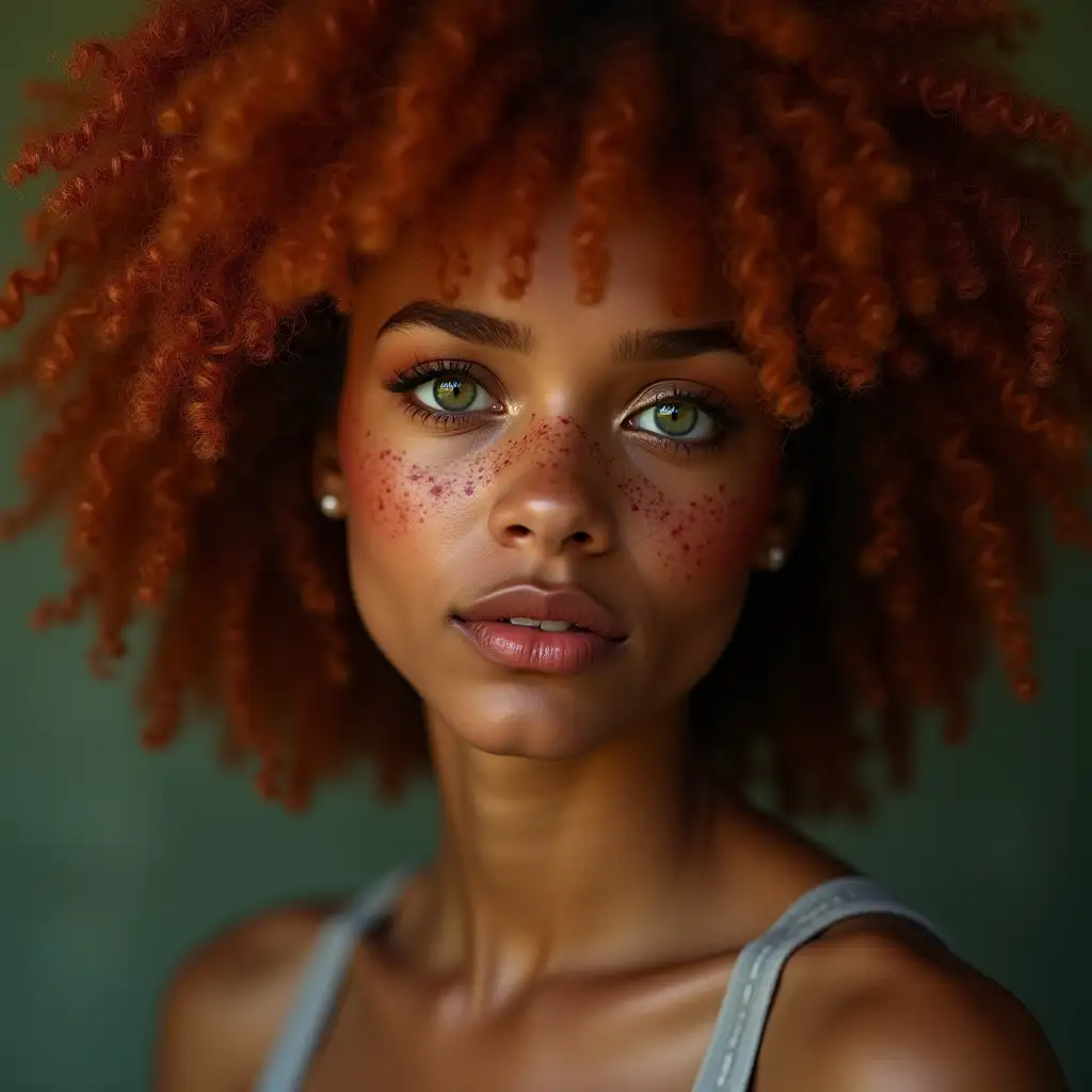 Hiper realistic portrait of a Afro-american redhead woman about 20, with freckles , with green eyes