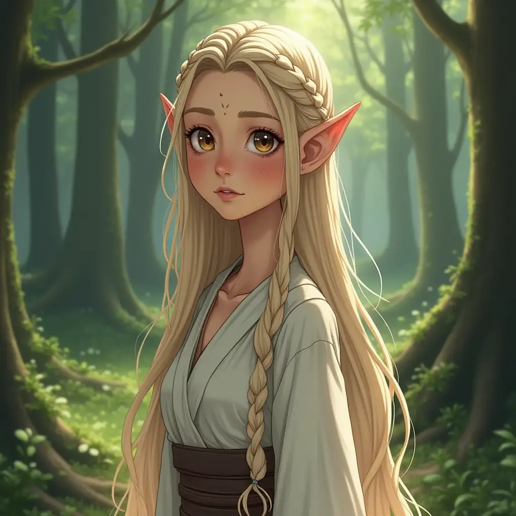 Elf girl, 30 years old, freckles, realistic anime style, pointed ears, long braid on her head, dressed in a white chiton, full-length, forest