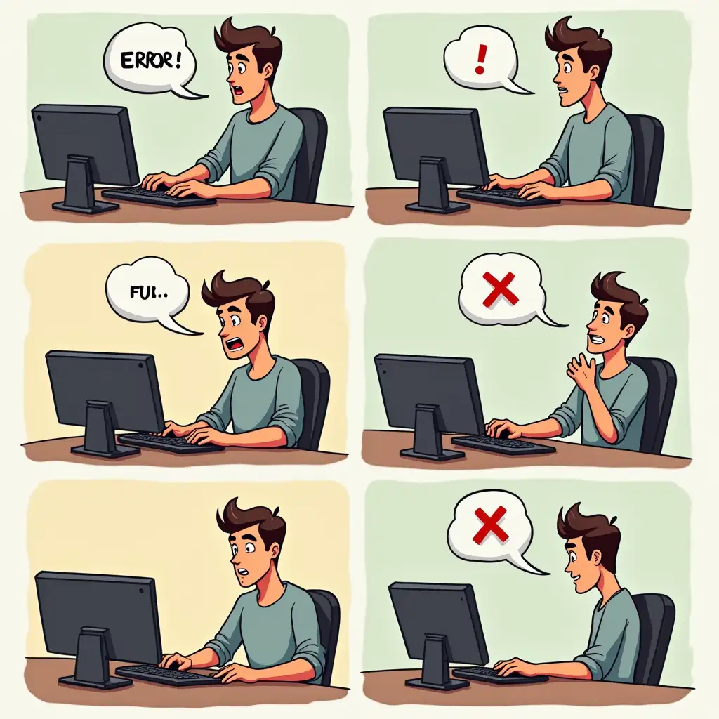 todo estilo animado, and separated one image from another as it will be a comic. a man who encounters an error on his PC and tries to solve it by going through various stages such as being surprised by the problem, trying to fix it, not succeeding and getting frustrated, and eventually succeeding