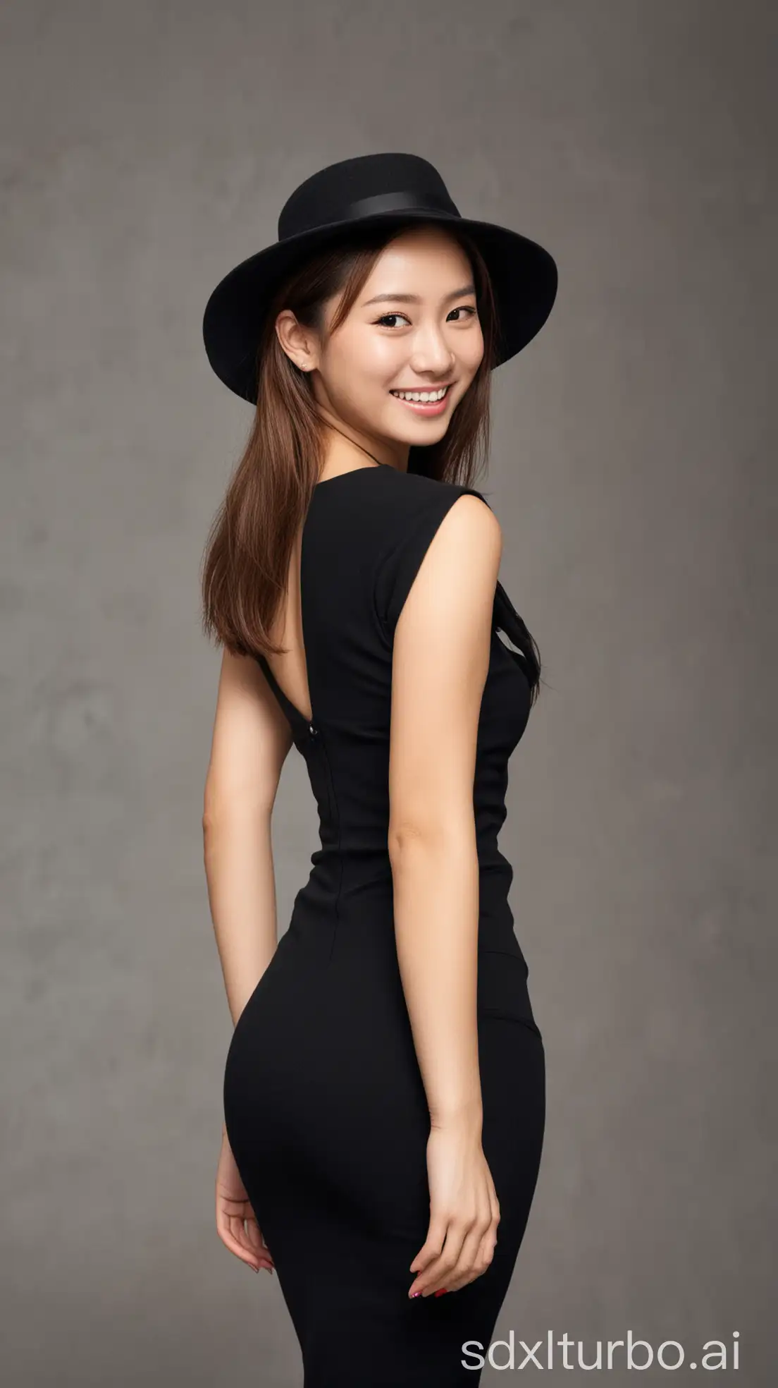 Chinese-Woman-in-Tight-Black-Dress-with-Hat-and-Smile