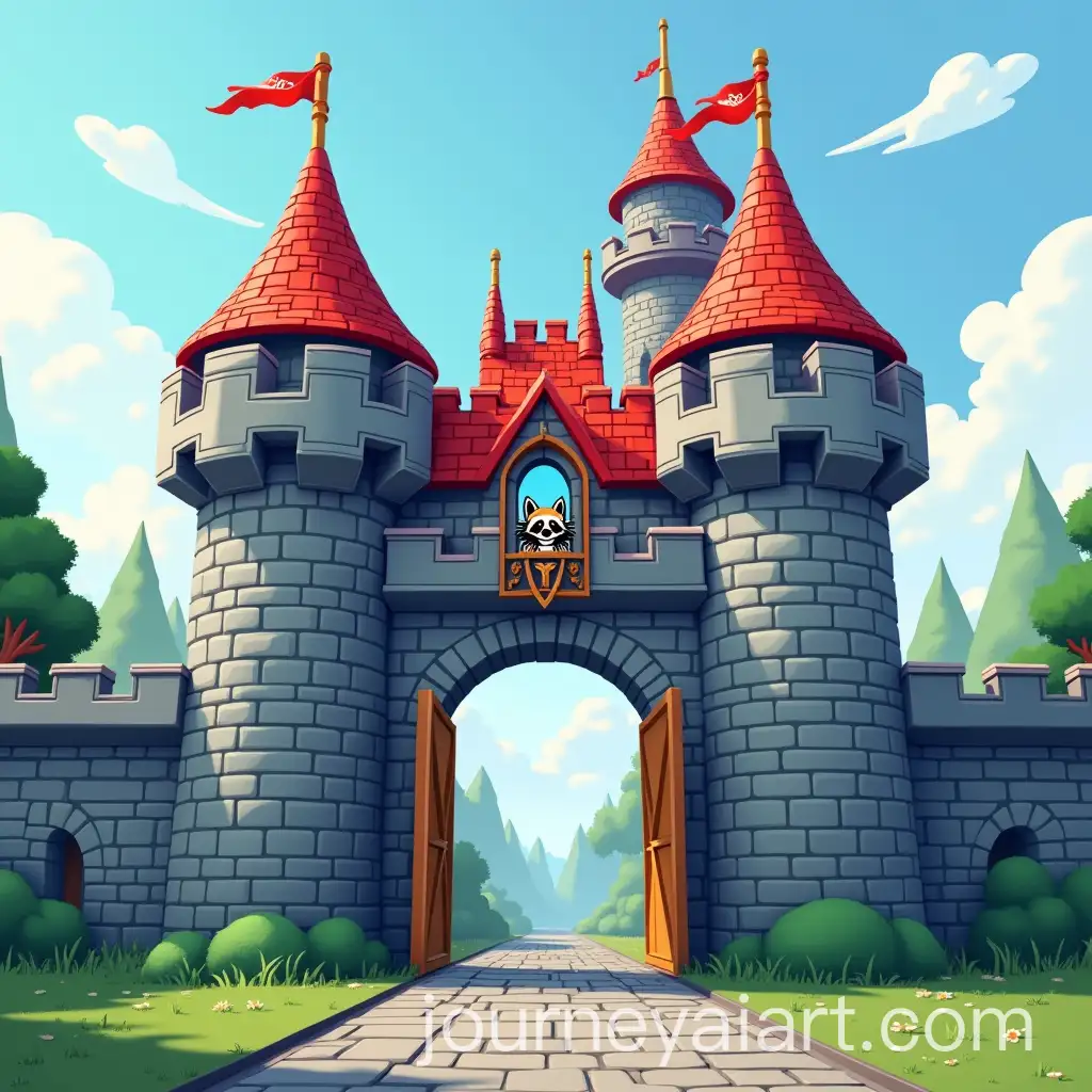 Cartoonish-Lego-Castle-Gate-with-Raccoon-King-Symbol