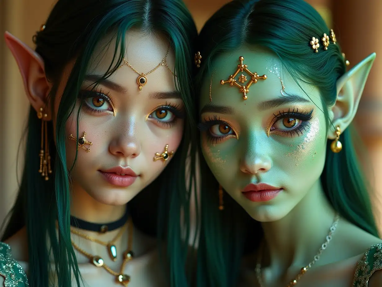 Two young black and white patternnGirls with Alien face,withngreen hair, with a lightnsmile on her face,emphasizesher smile, modern retronjewelry,in a temple much Goldndifferent shades 4k