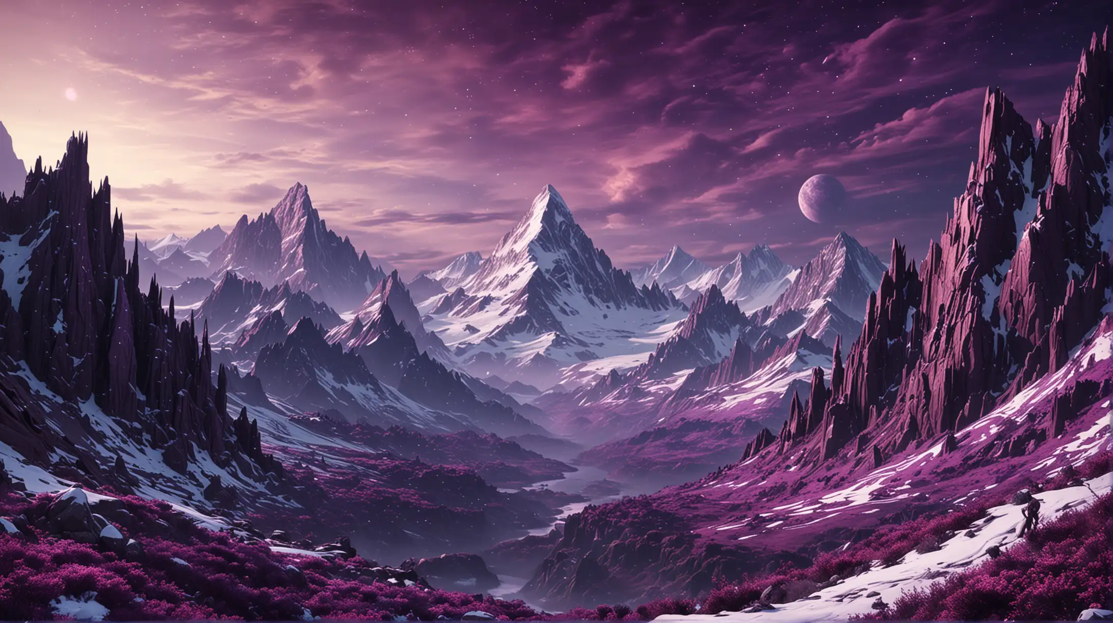 Fantasy Alien World with Snowy Peaks and Purple Sky