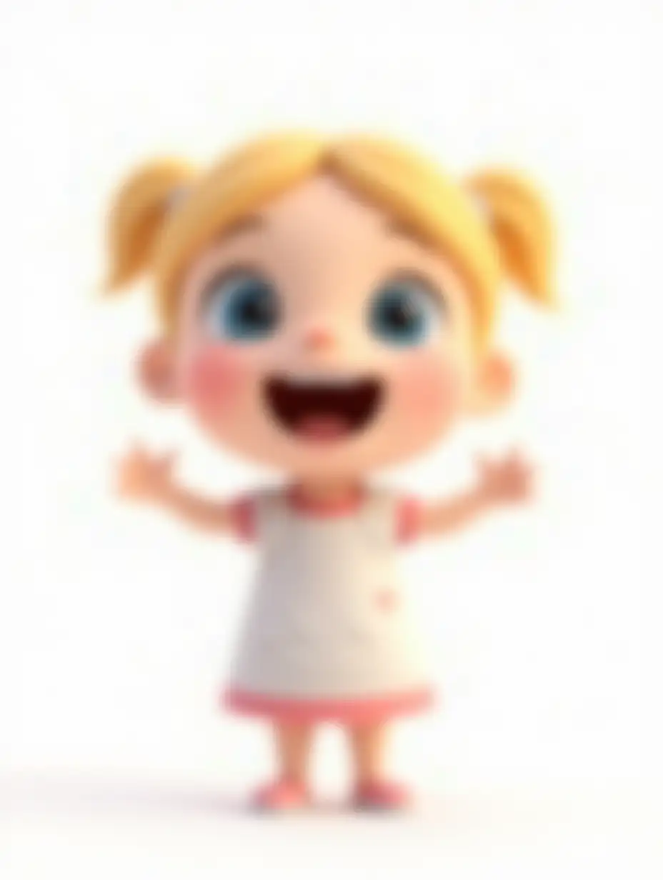 3d animation.Little girl child.white background.Blond hair blue big eyes.Happy excited.Rejoicing.full hd photo