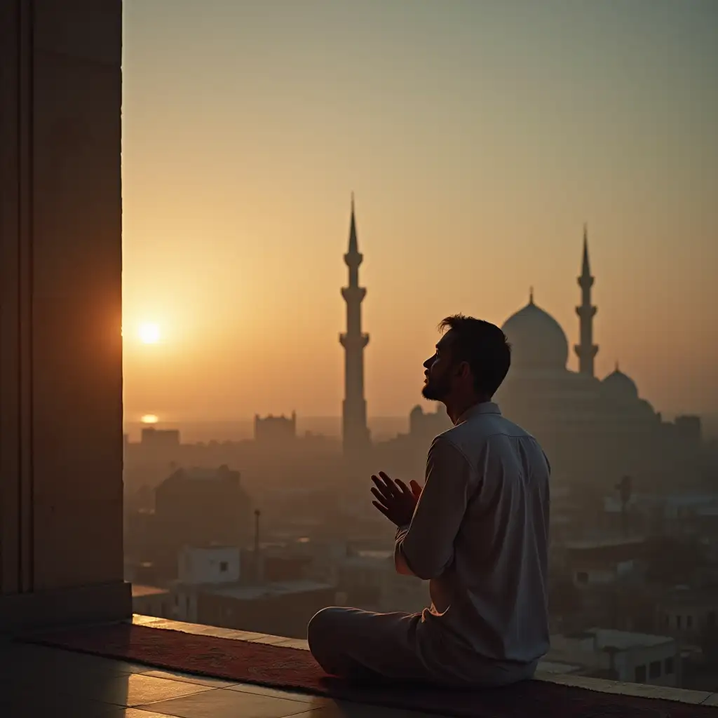 Youth Muslim man praying Ramadan afternoon alone