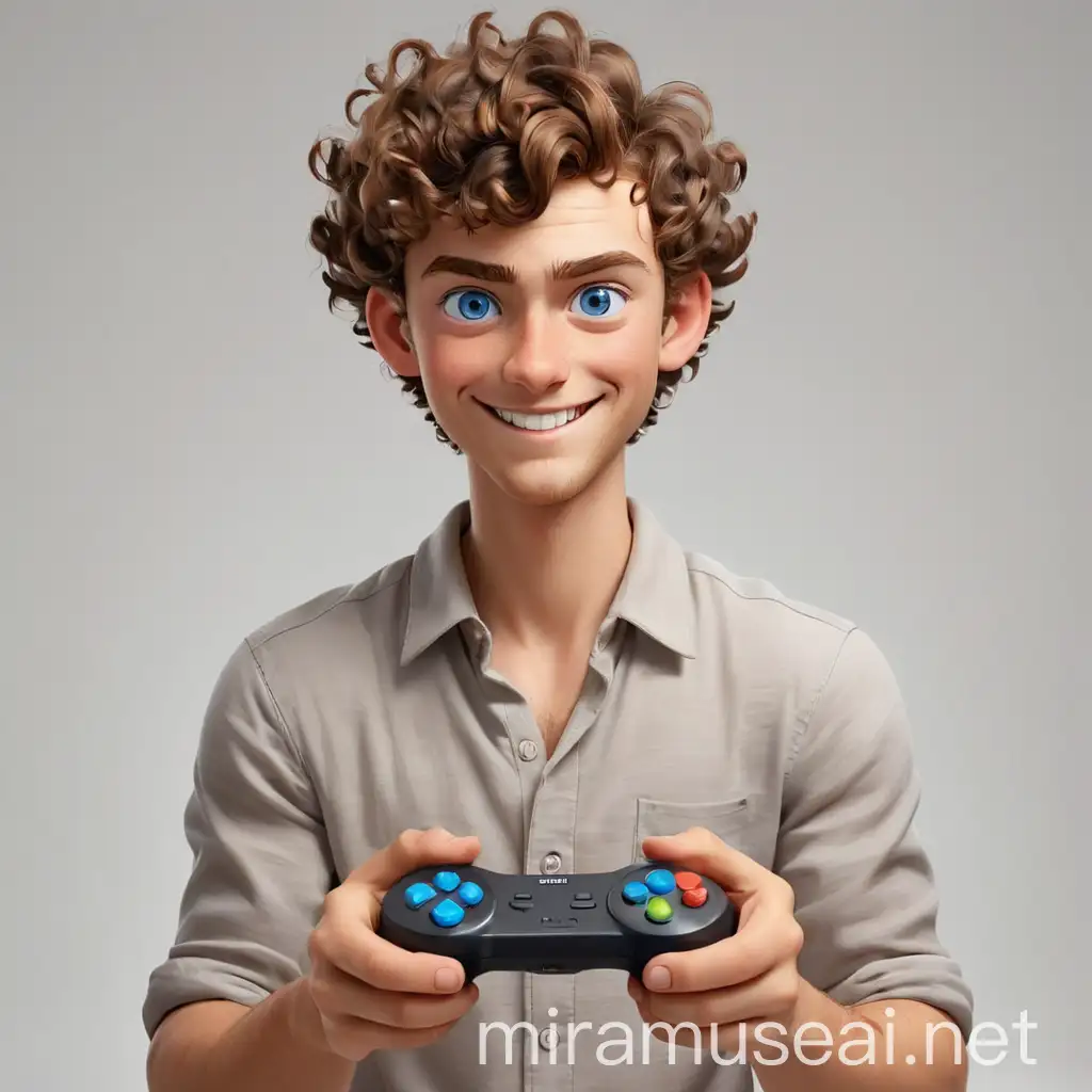 Young Man Playing Video Game with Controller on White Background