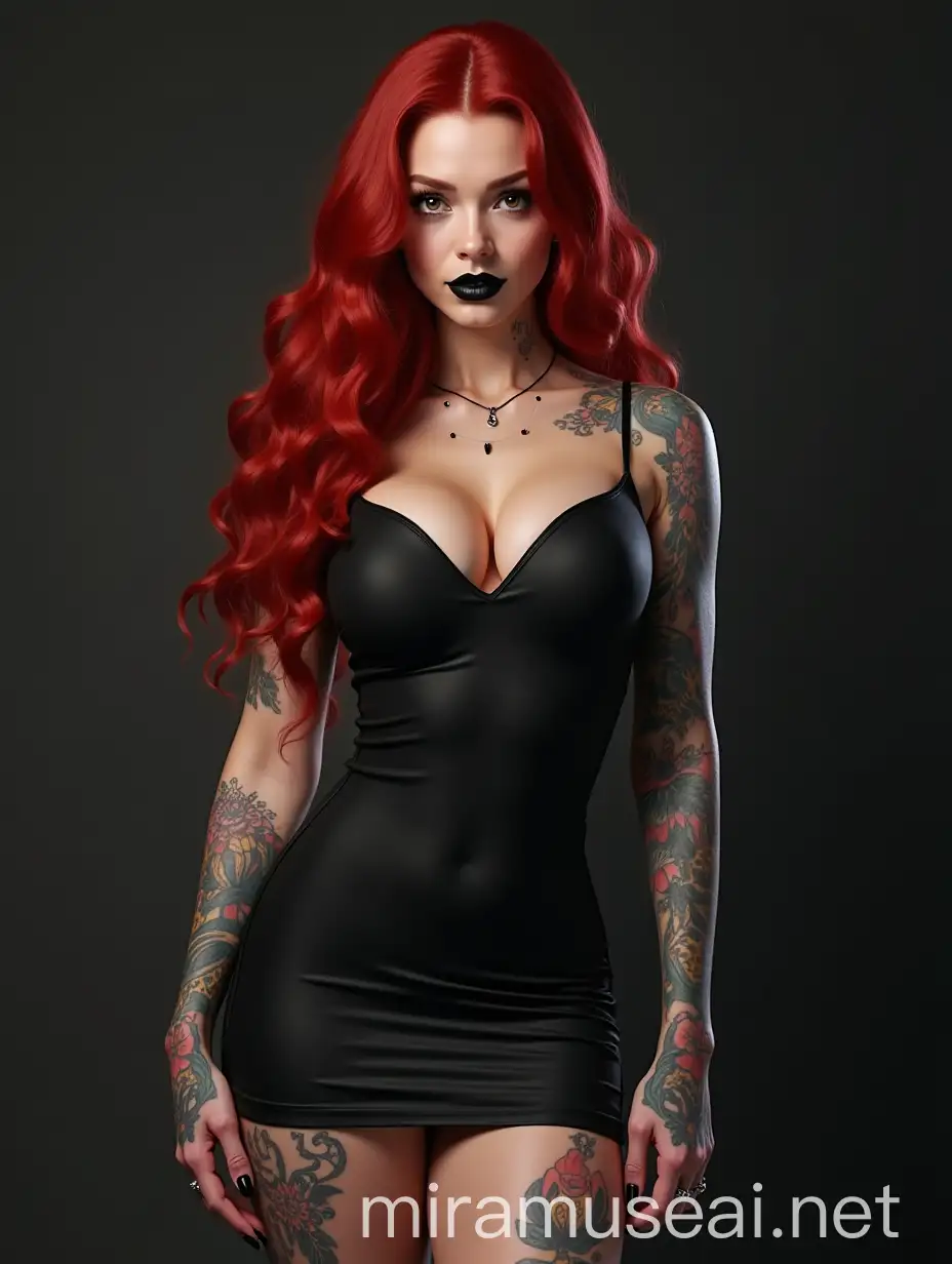 Photorealistic Woman with Long Red Hair and Tattoos in Sleeveless Black Dress