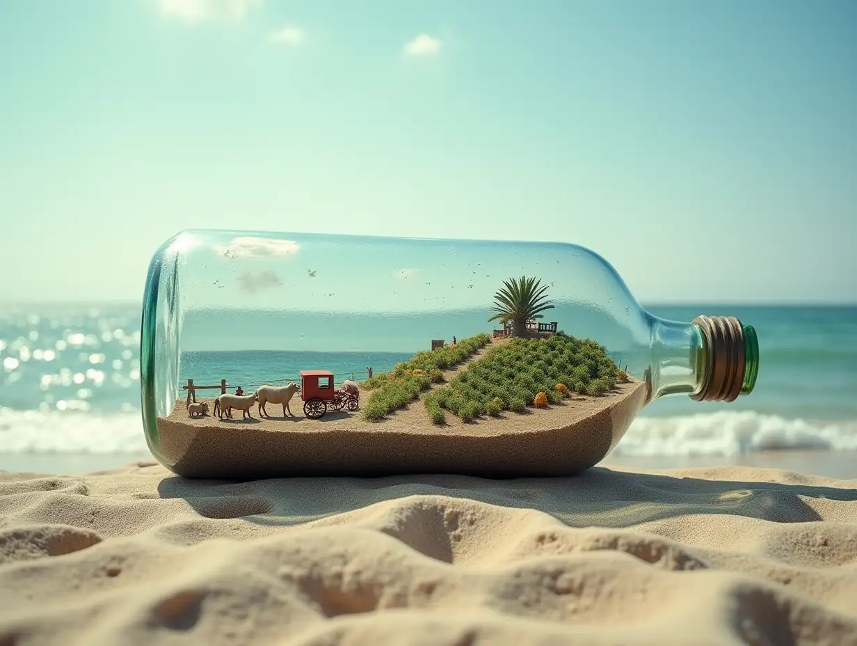 In a beautiful beach there is a large glass bottle, in it is a small village, with very many tiny people, with fruit plantation, carriage, horses, pigs, quite big-real photo, triple exposure, basic idea of something beautiful picture