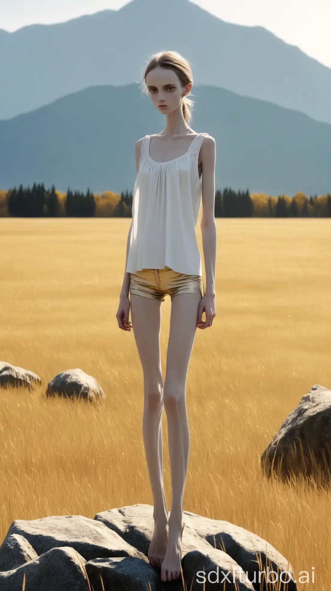 Fashion-Model-in-White-Blouse-Standing-in-Golden-Field-with-Mountain-Background