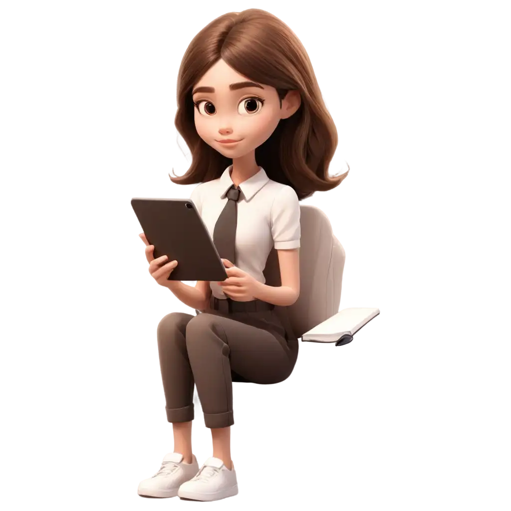 Stylish-PNG-Image-of-a-Cartoon-WhiteSkinned-Girl-Working-with-an-iPhone-and-Coffee