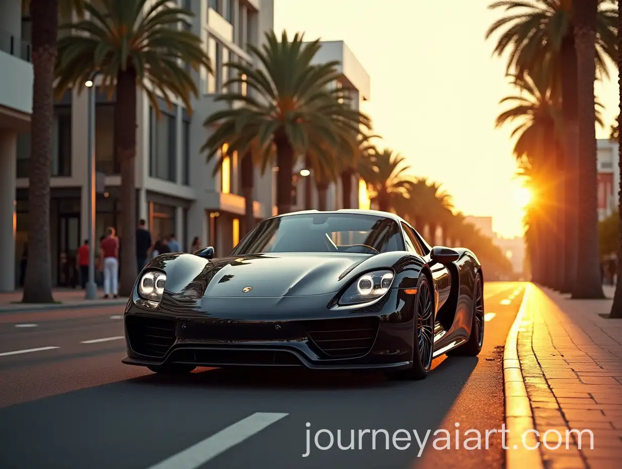 Sleek-Porsche-918-on-Asphalt-with-Palm-Trees-and-Modern-City-Background