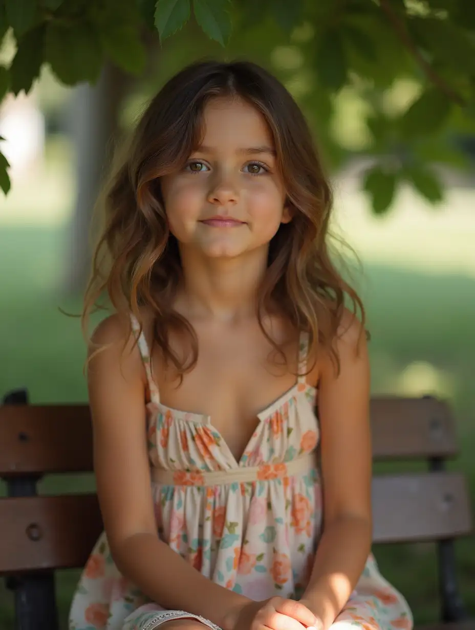 Slender little girl. Shiny skin. Tiny strappy summer minidress. Sitting on a bench under a shady tree.