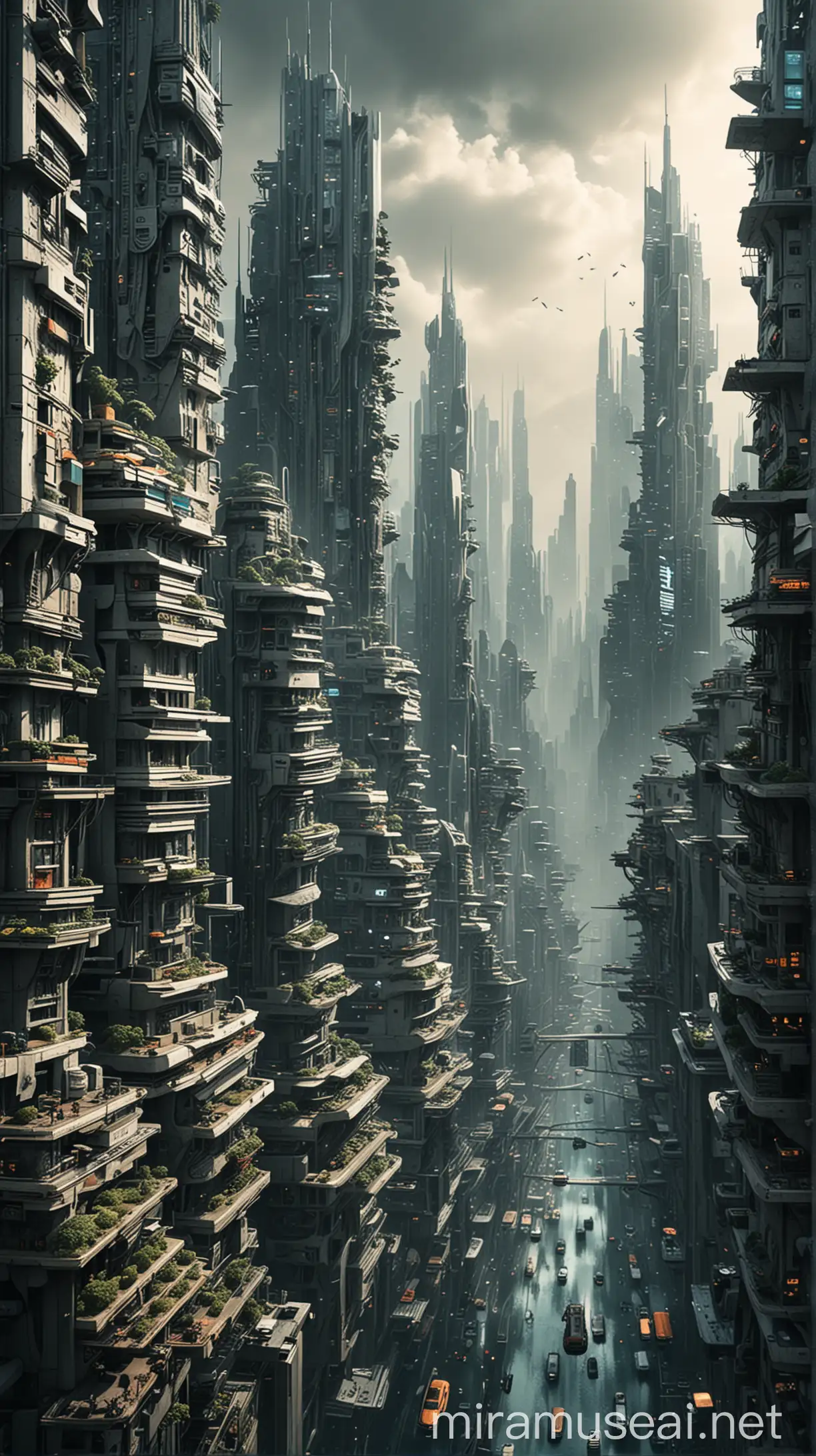 Futuristic Urban Cityscape with HighTech Skyscrapers and Flying Vehicles