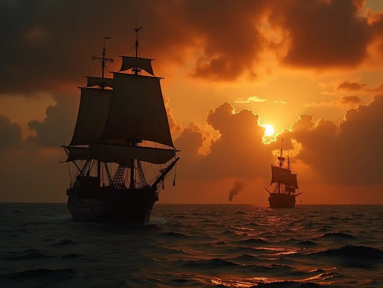 Pirate-Ship-Silhouette-Crossing-Cloud-Bank-After-Battle-in-Caribbean-Twilight