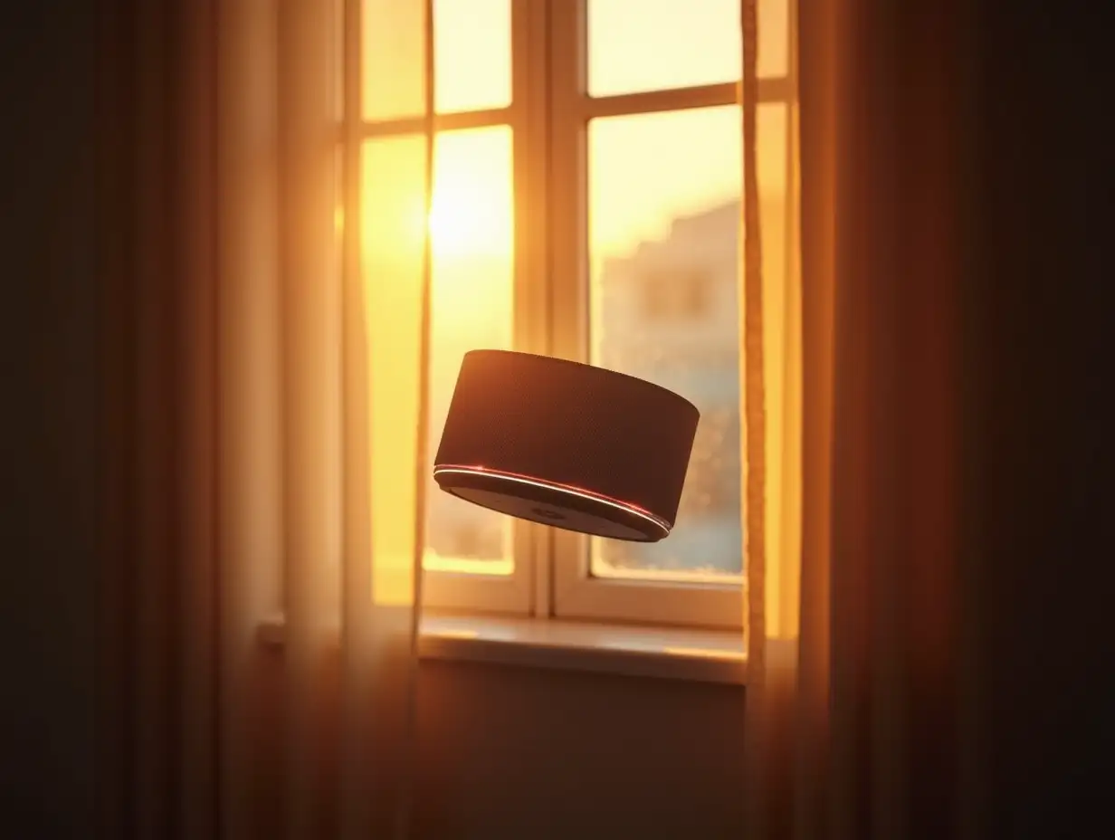 In the scene, a window with curtains is shown allowing sunlight to start illuminating the speaker. The solar light comes in gradually, creating a warm and welcoming atmosphere. As the light floods the room, the speaker starts floating slowly in the air. Soft lights emit from the device, adding a touch of magic to the scene and bringing the object to life.