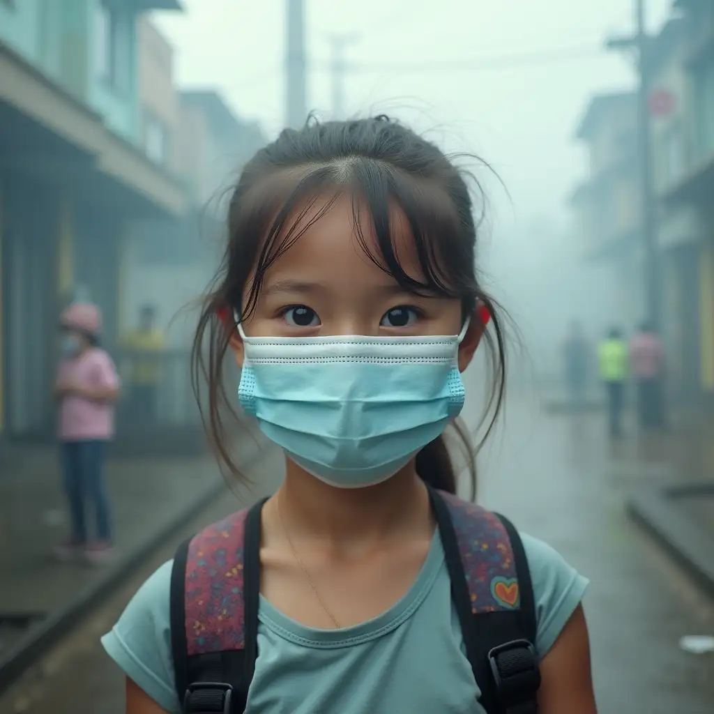 Create an impactful image depicting a young girl wearing a protective face mask in a polluted environment, symbolizing the urgency of clean air initiatives. The setting should emphasize the effects of pollution with a blurred industrial or urban background, contrasting her hopeful expression with the gravity of the situation. Include elements like a school backpack to signify the impact on children and their future.