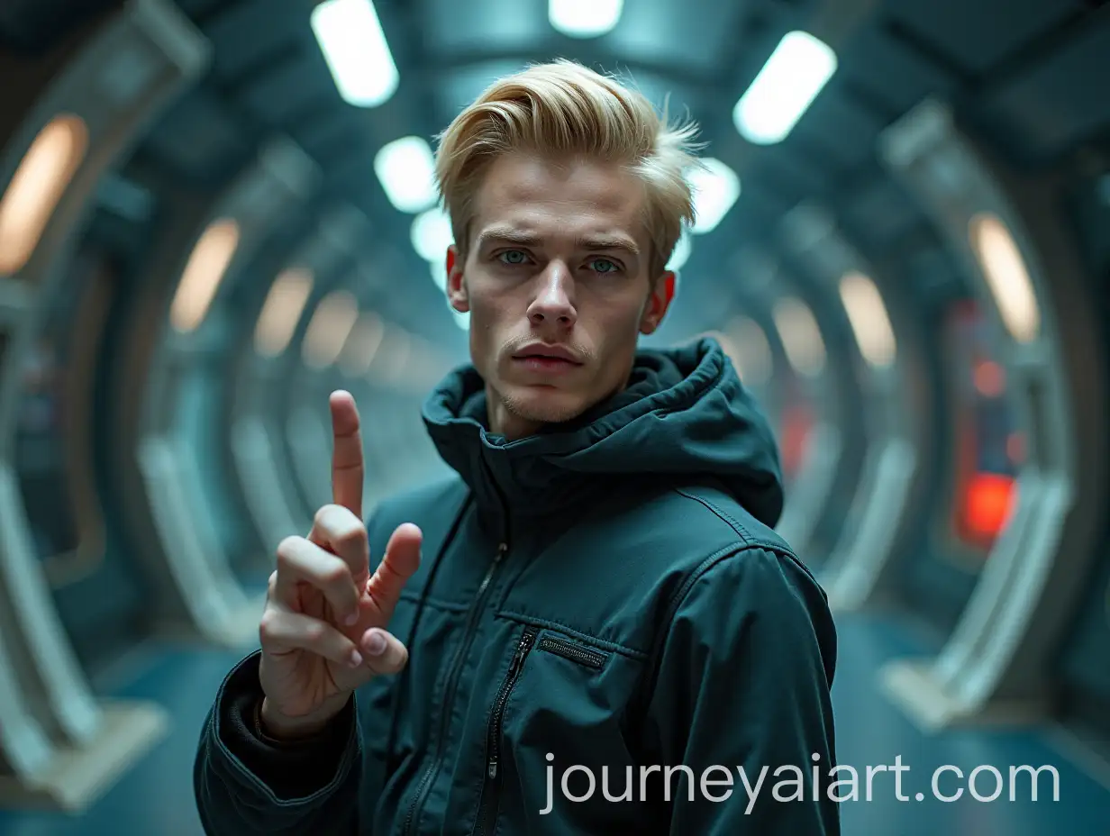 Young-Blond-Man-in-Victory-Pose-in-Futuristic-Environment
