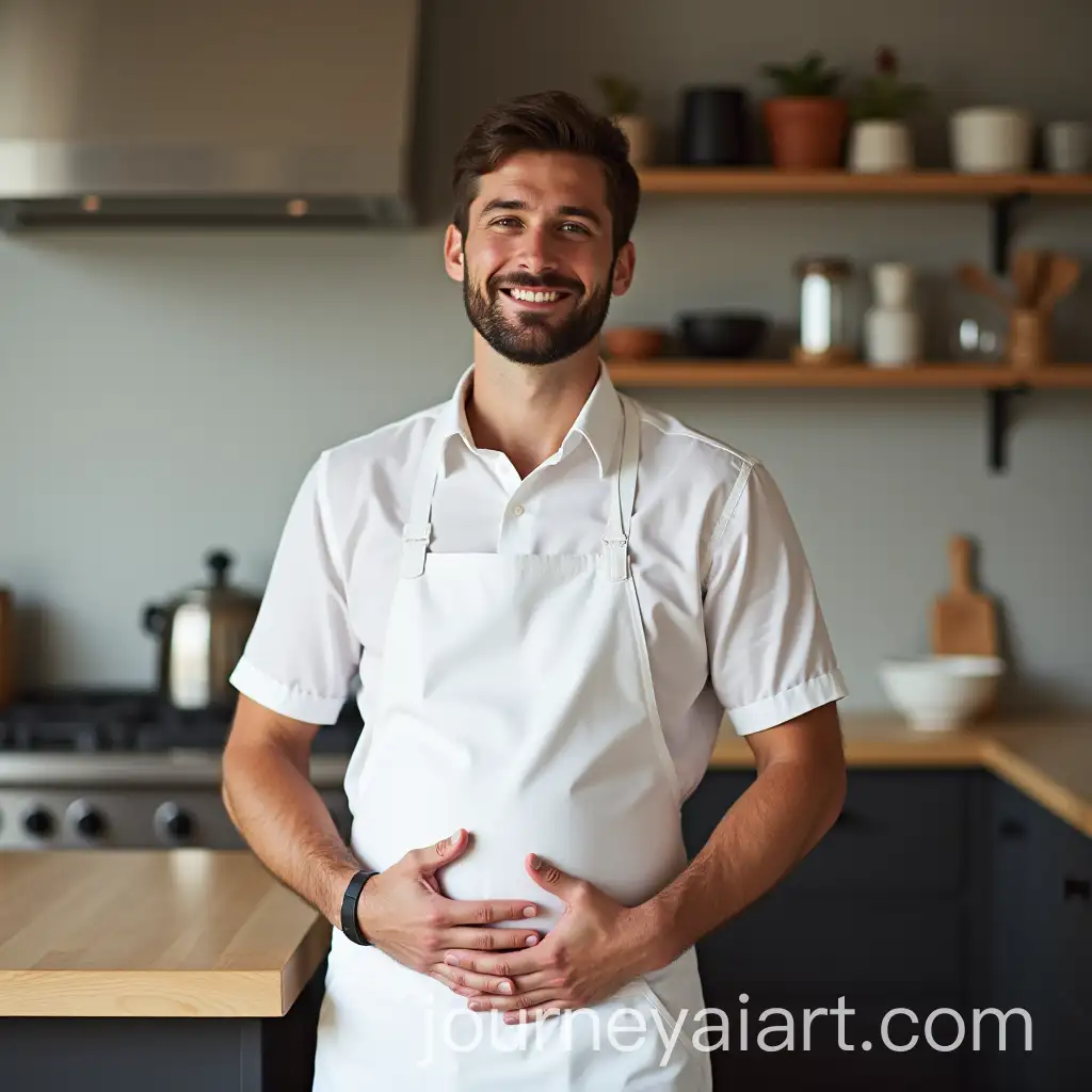 Relaxed-Pregnant-Man-Wearing-White-Apron-in-Casual-Setting