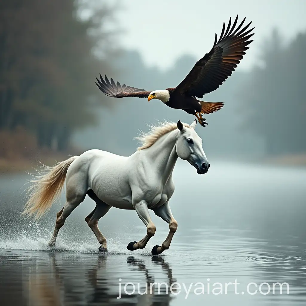 White-Horse-Running-by-River-with-Eagle-Soaring-Above